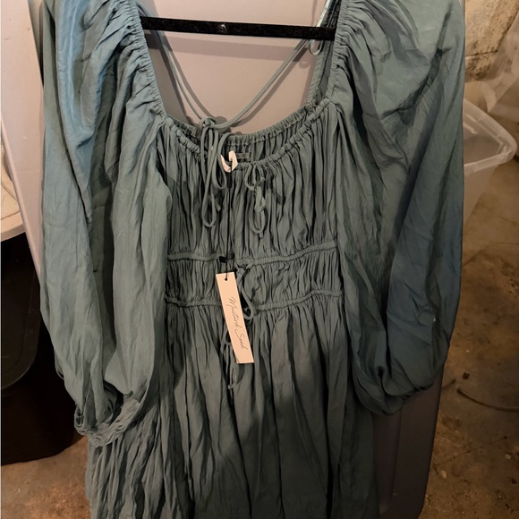 Mustard Seed Dresses & Skirts - Mustard Seed Sage Green Smocked Mini Dress with Balloon Sleeves